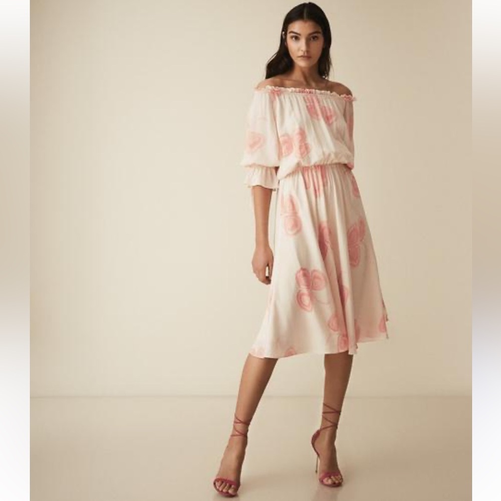 Reiss Peaches Floral Bardot Midi Dress